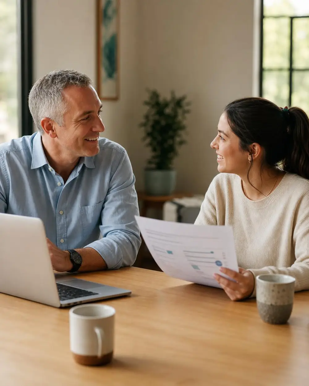 A camp director and a Lifedge marketing strategist reviewing a printed marketing plan together at a sunlit table