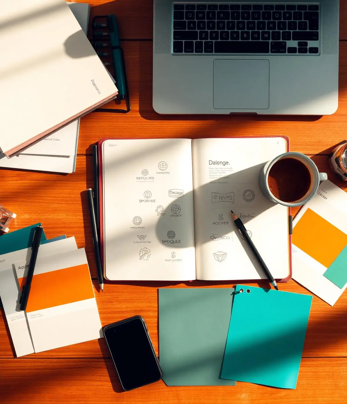 Designer's desk with sketches, color swatches and a laptop