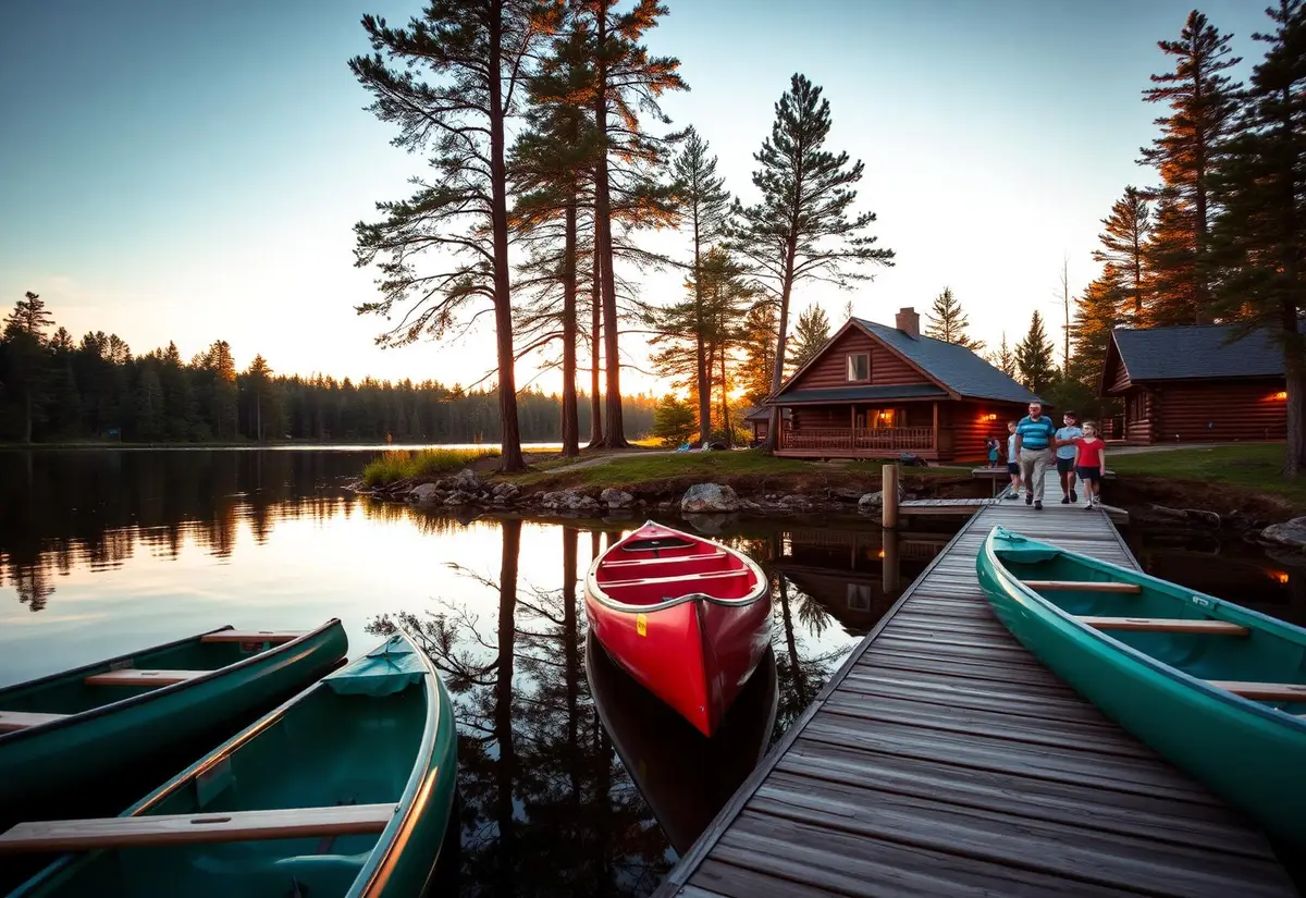 Camp lakefront at golden hour with canoes on the dock and campers walking toward cabins