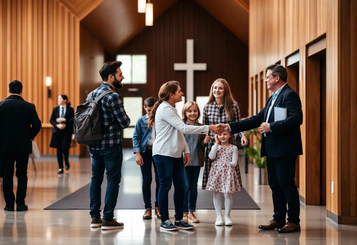 A young family being welcomed by a greeter in a church lobby on Sunday morning
