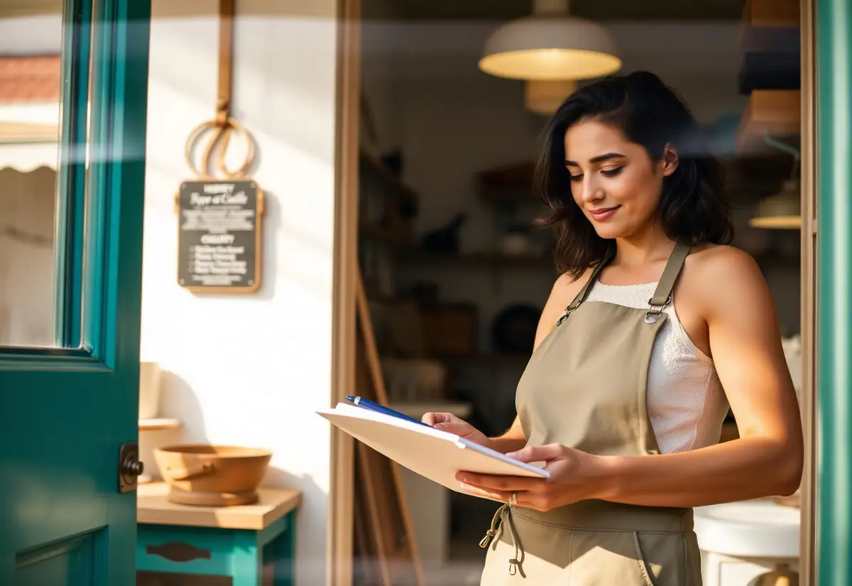 Small business owner in her apron planning the week in the doorway of her shop