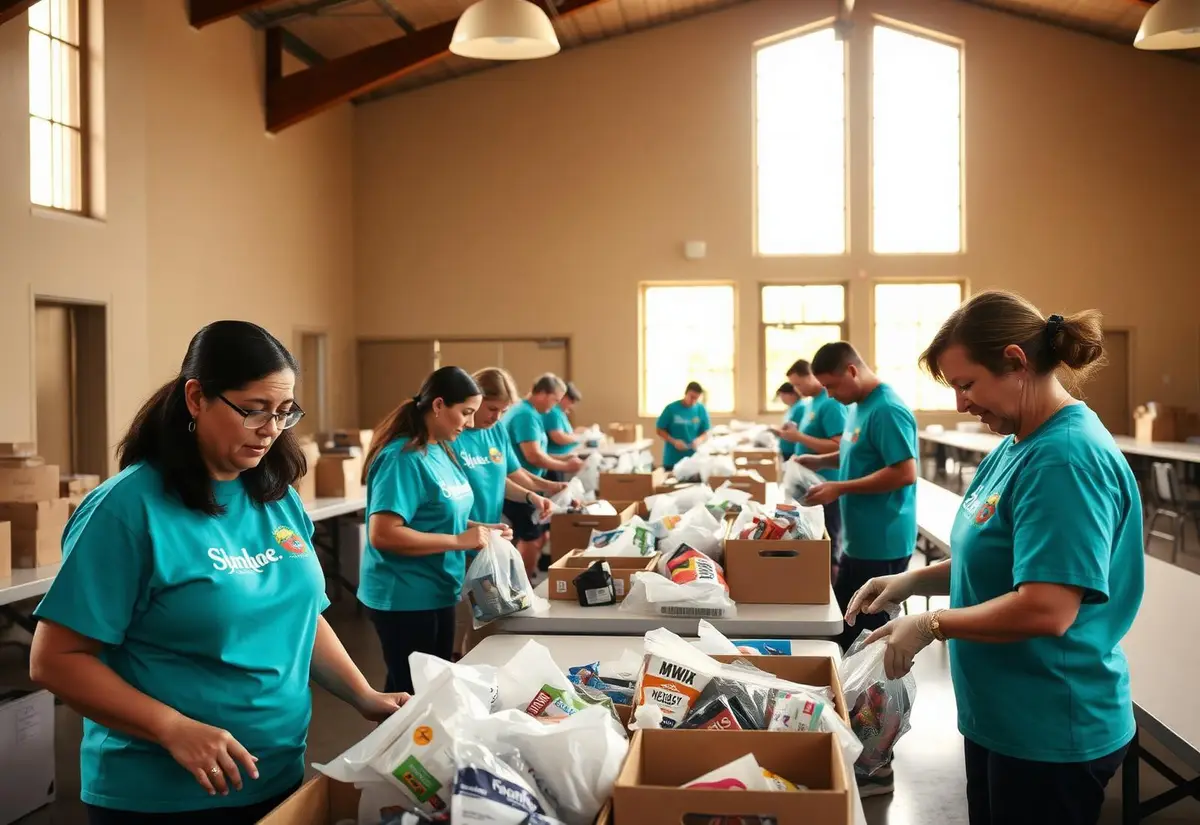 Nonprofit volunteers sorting donated goods together in a community hall
