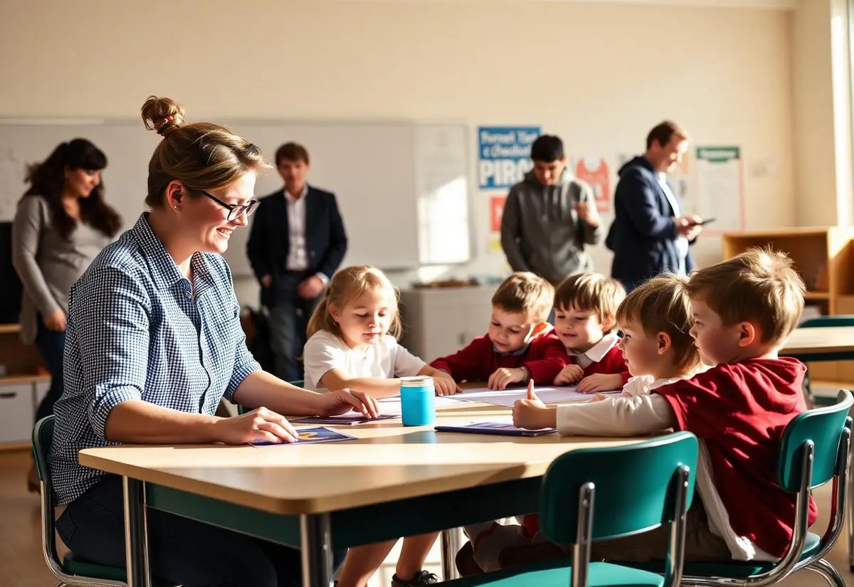 Teacher working with young students at a table while parents tour the classroom