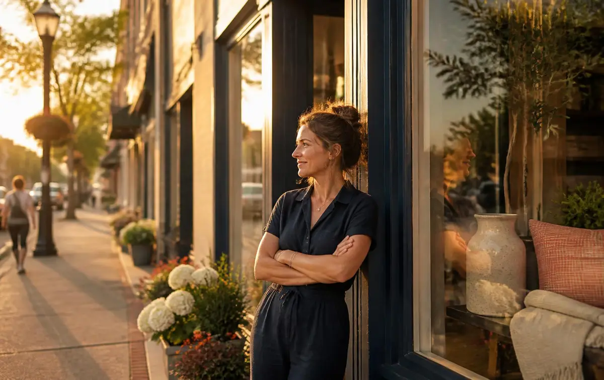 Owner of a West Michigan main street business outside her storefront at golden hour