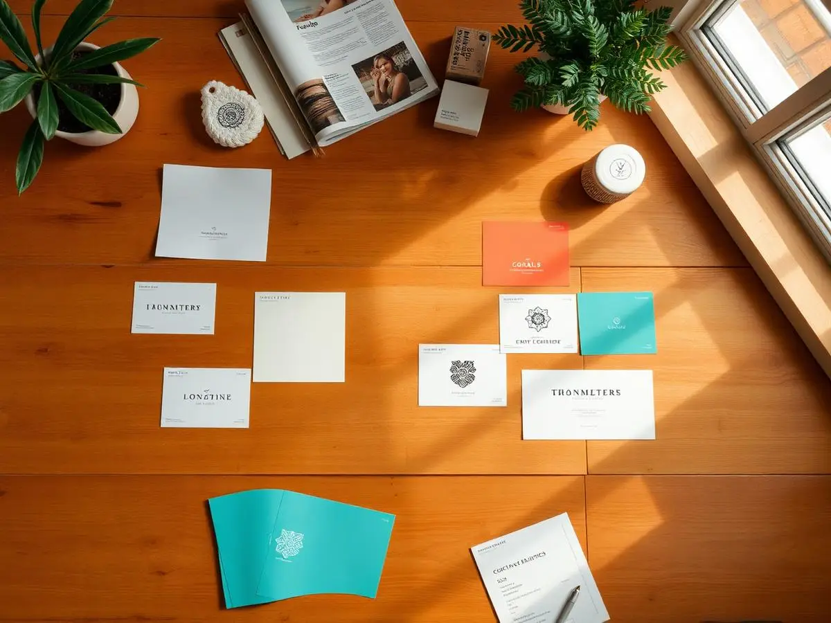 Brand boards, color swatches, and logo sketches side by side